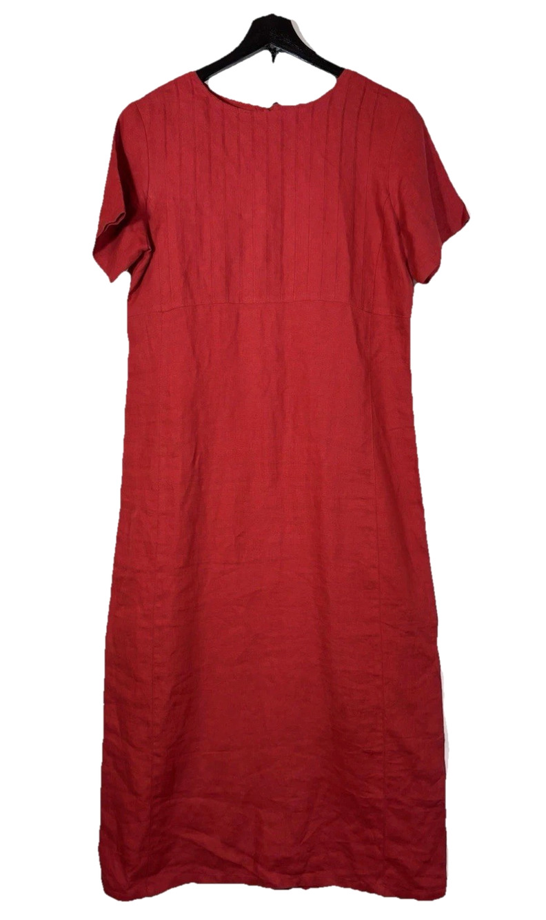 TALBOTS Dress Red Irish Linen Midi 6 Pleated Front Short Sleeve Long Vintage